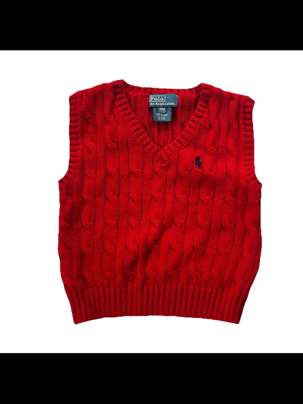 Polo Ralph Lauren Toddler Boys Cable Knit Red Sweater Vest 18M Cotton V-Neck